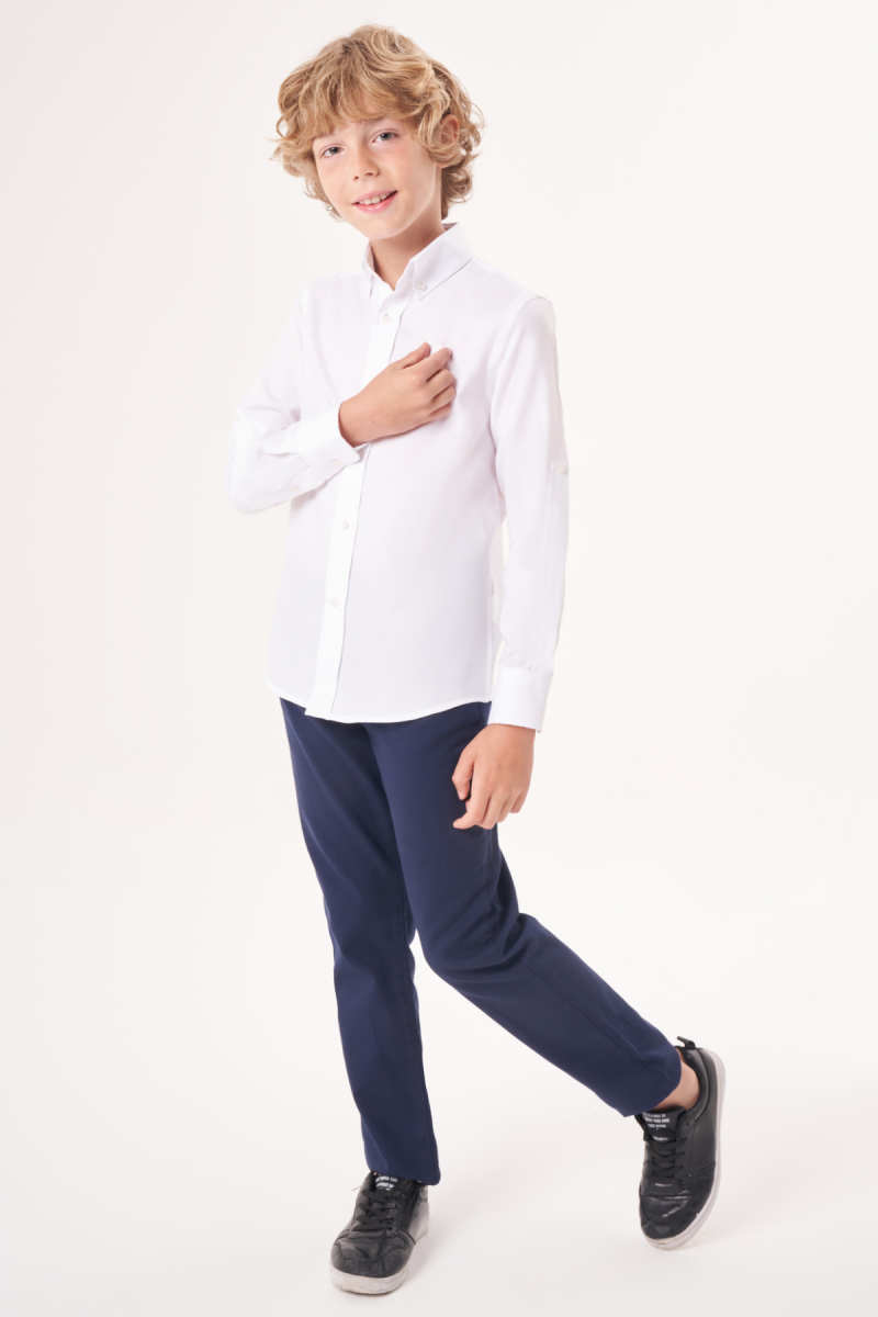 Regular Fit Yaka Düğmeli Beyaz Çocuk Erkek Gömlek - 5