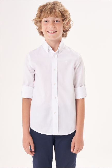 Regular Fit Yaka Düğmeli Beyaz Çocuk Erkek Gömlek - 6