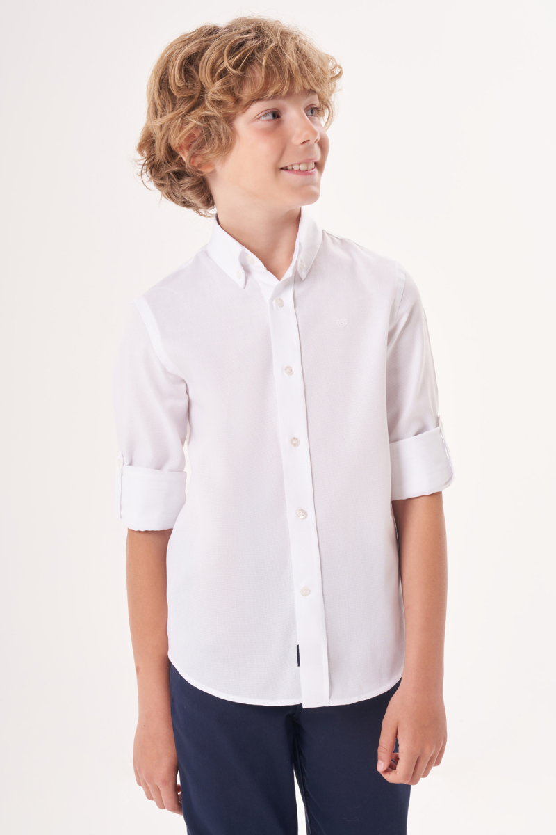 Regular Fit Yaka Düğmeli Beyaz Çocuk Erkek Gömlek - 7