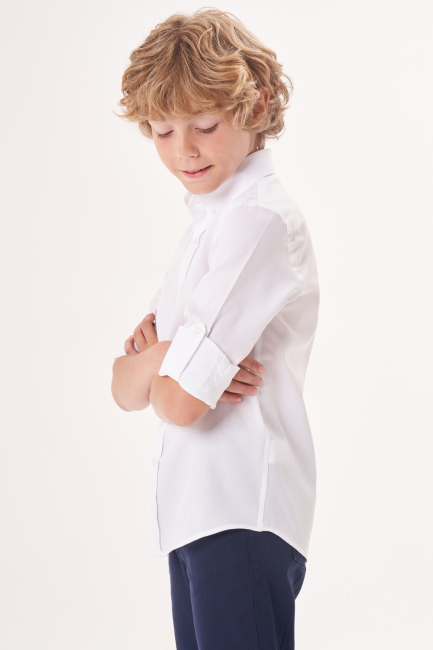 Regular Fit Yaka Düğmeli Beyaz Çocuk Erkek Gömlek - 3