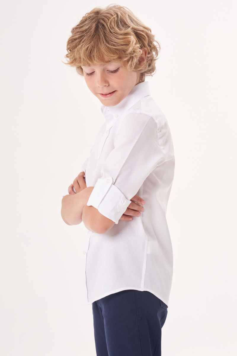 Regular Fit Yaka Düğmeli Beyaz Çocuk Erkek Gömlek - 3