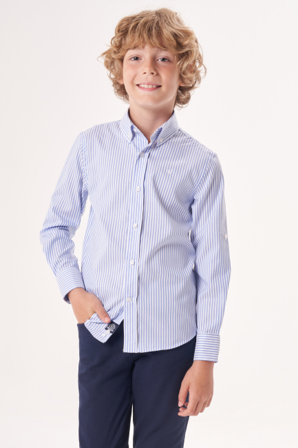 Regular Fit Yaka Düğmeli Mavi Çocuk Erkek Gömlek