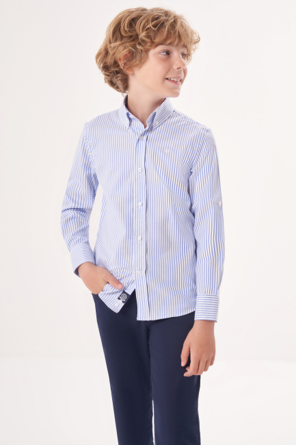 Regular Fit Yaka Düğmeli Mavi Çocuk Erkek Gömlek - 4