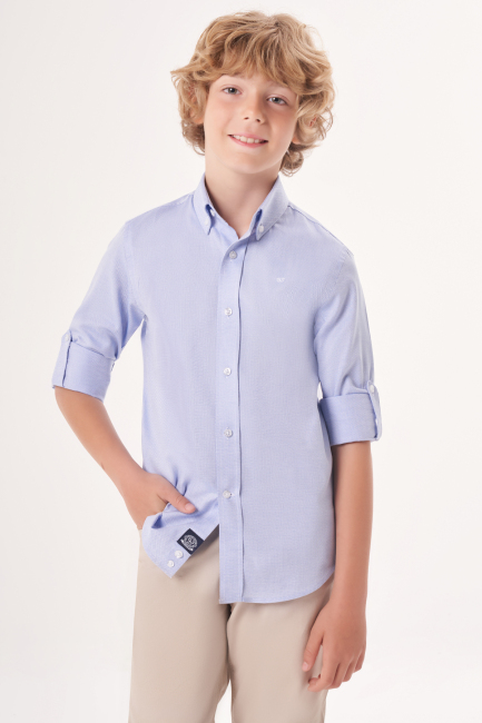 Regular Fit Yaka Düğmeli Mavi Çocuk Gömlek - 3