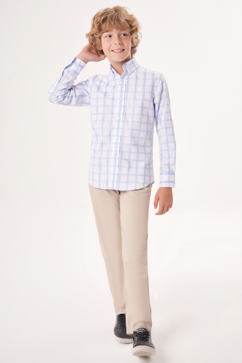 Regular Fit Yaka Düğmeli Mavi Erkek Çocuk Gömlek - 5