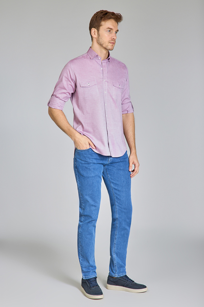 Regular Fit Yaka Düğmeli Mürdüm Pamuk Erkek Gömlek - 3