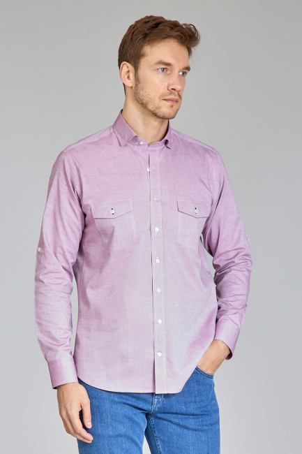 Regular Fit Yaka Düğmeli Mürdüm Pamuk Erkek Gömlek - 5