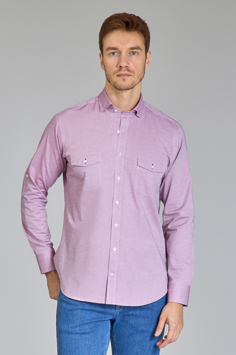 Regular Fit Yaka Düğmeli Mürdüm Pamuk Erkek Gömlek