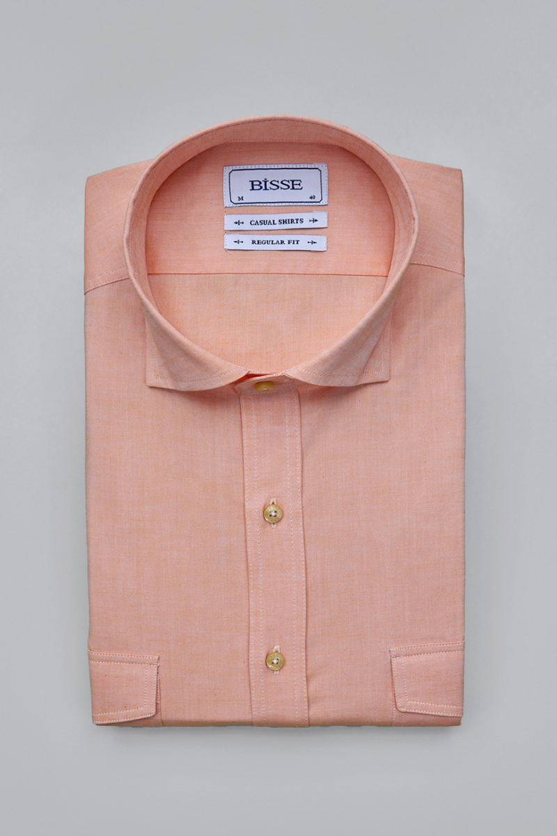 Regular Fit Yaka Düğmeli Oranj Pamuk Erkek Gömlek - 3