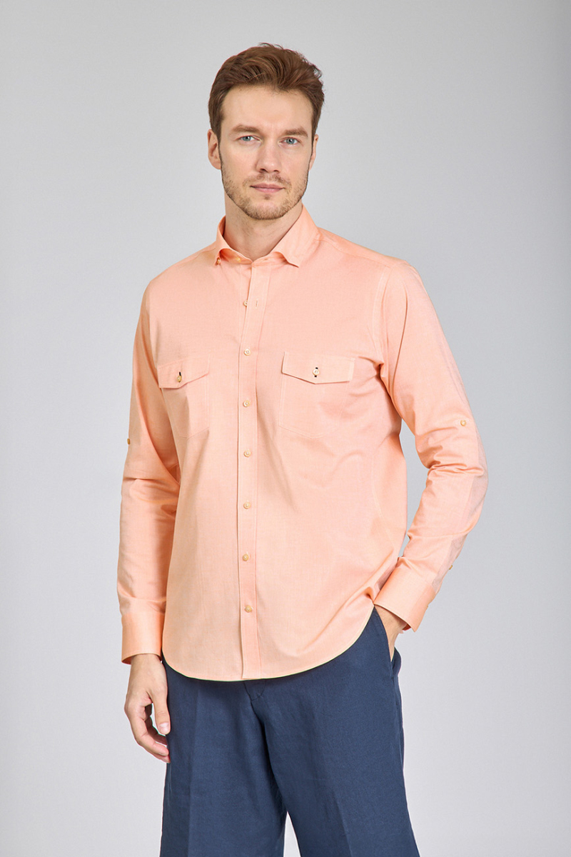 Regular Fit Yaka Düğmeli Oranj Pamuk Erkek Gömlek