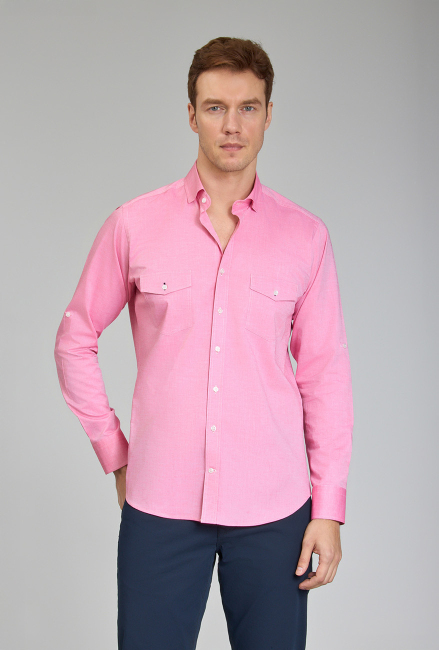Regular Fit Yaka Düğmeli Pembe Pamuk Erkek Gömlek 