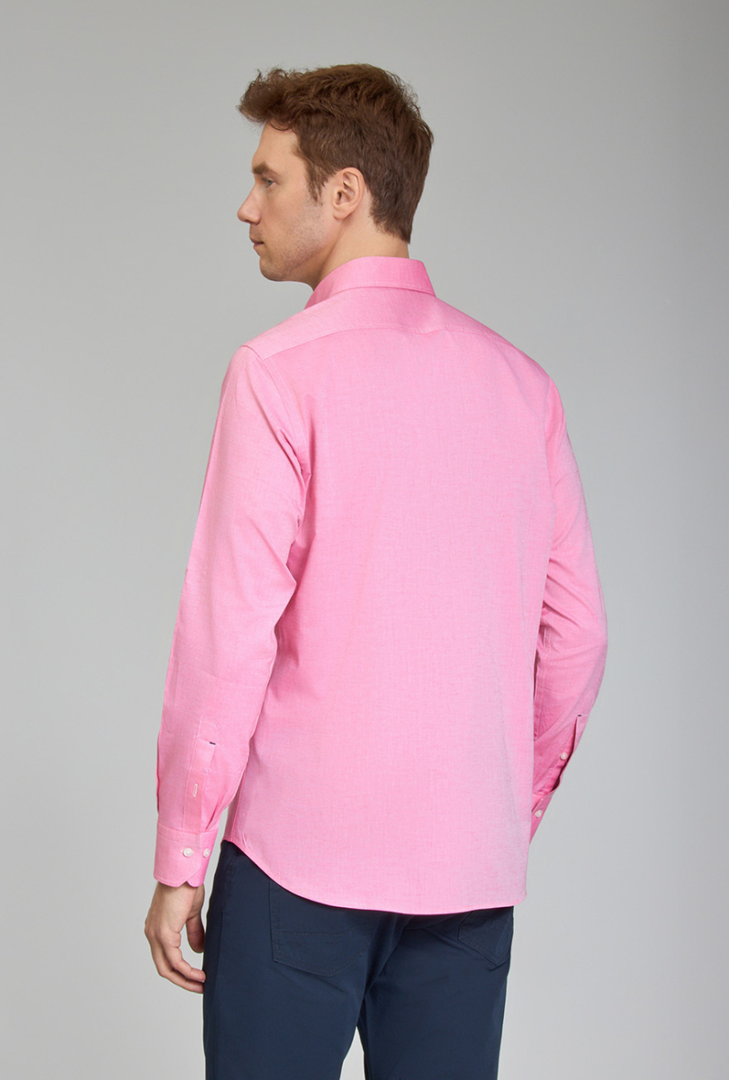 Regular Fit Yaka Düğmeli Pembe Pamuk Erkek Gömlek - 6