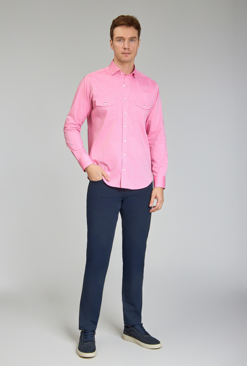Regular Fit Yaka Düğmeli Pembe Pamuk Erkek Gömlek (1)
