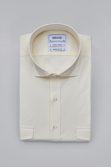 Regular Fit Yaka Düğmeli Sarı Pamuk Erkek Gömlek - 3