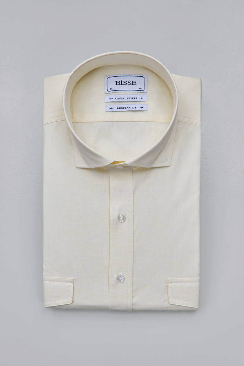 Regular Fit Yaka Düğmeli Sarı Pamuk Erkek Gömlek - 3