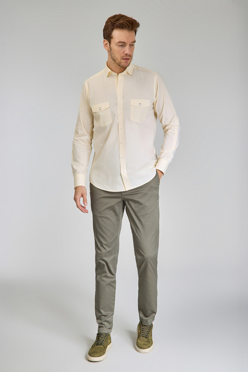 Regular Fit Yaka Düğmeli Sarı Pamuk Erkek Gömlek (1)