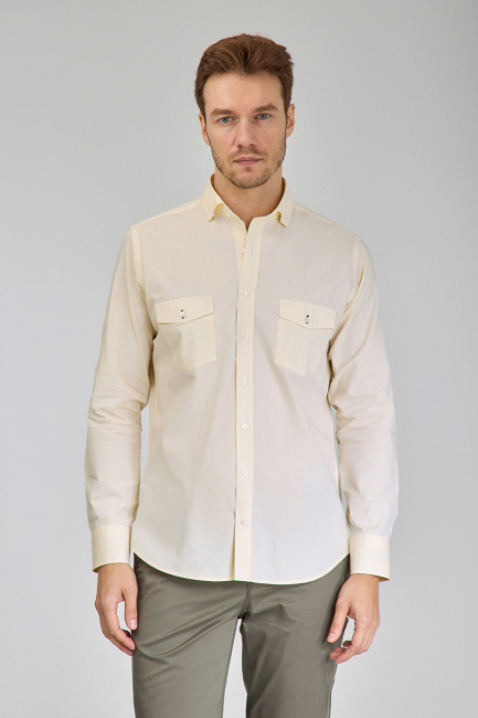 Regular Fit Yaka Düğmeli Sarı Pamuk Erkek Gömlek 