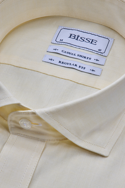 Regular Fit Yaka Düğmeli Sarı Pamuk Erkek Gömlek - 4