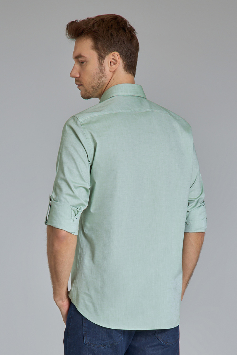 Regular Fit Yaka Düğmeli Yeşil Pamuk Erkek Gömlek - 2