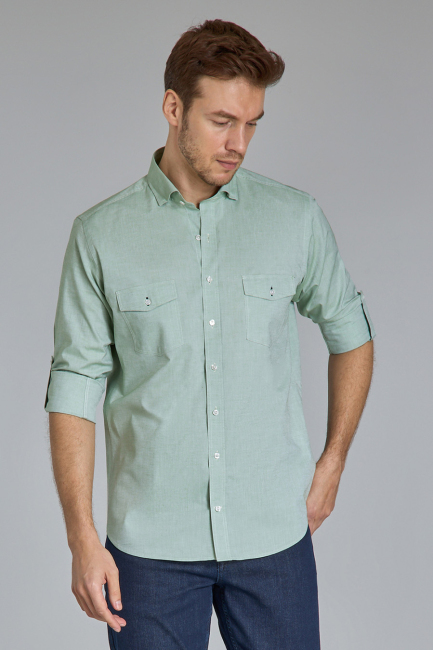 Regular Fit Yaka Düğmeli Yeşil Pamuk Erkek Gömlek - 6