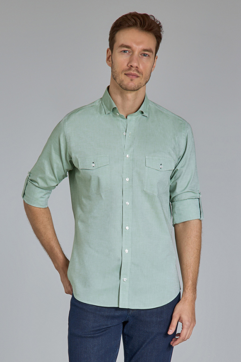 Regular Fit Yaka Düğmeli Yeşil Pamuk Erkek Gömlek - 1
