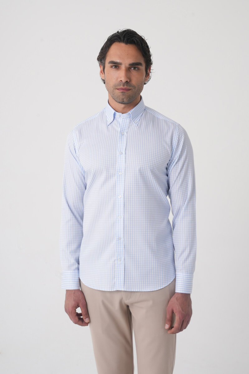Regular Fit Yaka Pamuk Mavi Erkek Gömlek - 1