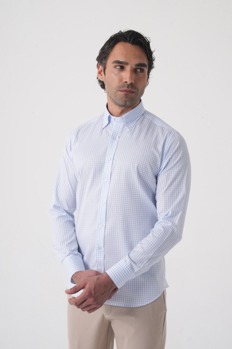 Regular Fit Yaka Pamuk Mavi Erkek Gömlek - 2