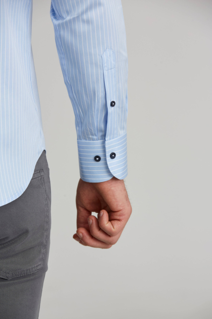 Regular Fit Yarım İtalyan Yaka İnce Çizgili Açık Mavi Erkek Gömlek - 3