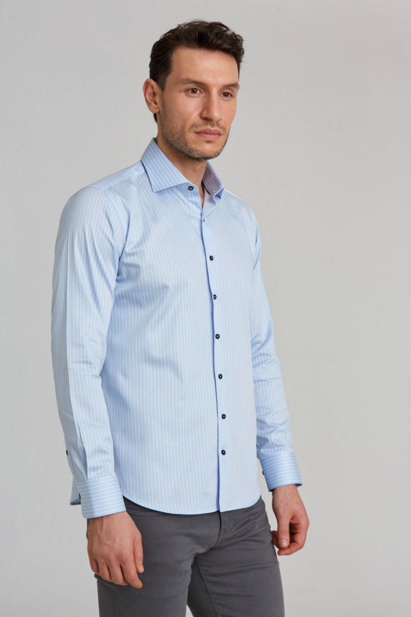 Regular Fit Yarım İtalyan Yaka İnce Çizgili Açık Mavi Erkek Gömlek - 5