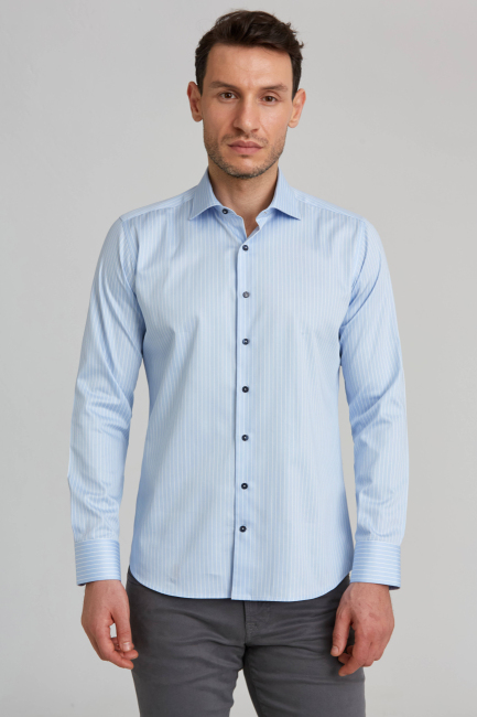 Regular Fit Yarım İtalyan Yaka İnce Çizgili Açık Mavi Erkek Gömlek - 1