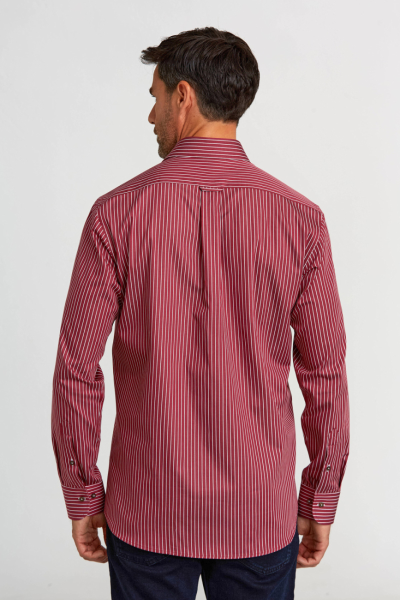 Regular Fit Yarım İtalyan Yaka İnce Çizgili Bordo Erkek Gömlek (1)