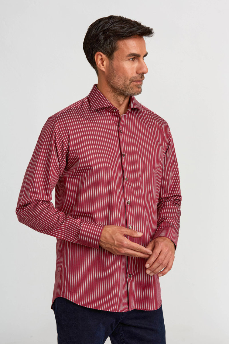 Regular Fit Yarım İtalyan Yaka İnce Çizgili Bordo Erkek Gömlek - 4