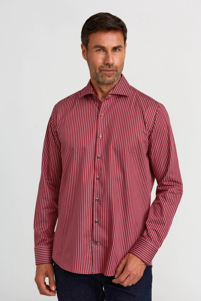Regular Fit Yarım İtalyan Yaka İnce Çizgili Bordo Erkek Gömlek