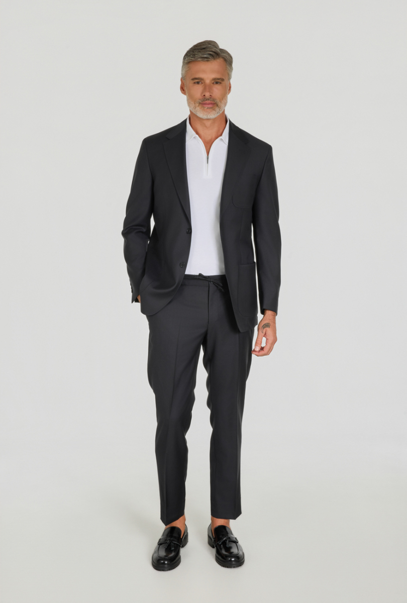 Siyah Comfort Fit İtalyan Yaka Sedef Düğmeli 6 Drop Yün Takım Elbise