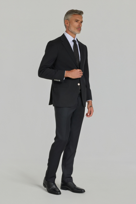 Siyah Dokuma Mono Yaka Çift Yırtmaçlı 6 Drop Yün Klasik Takım Elbise - 4