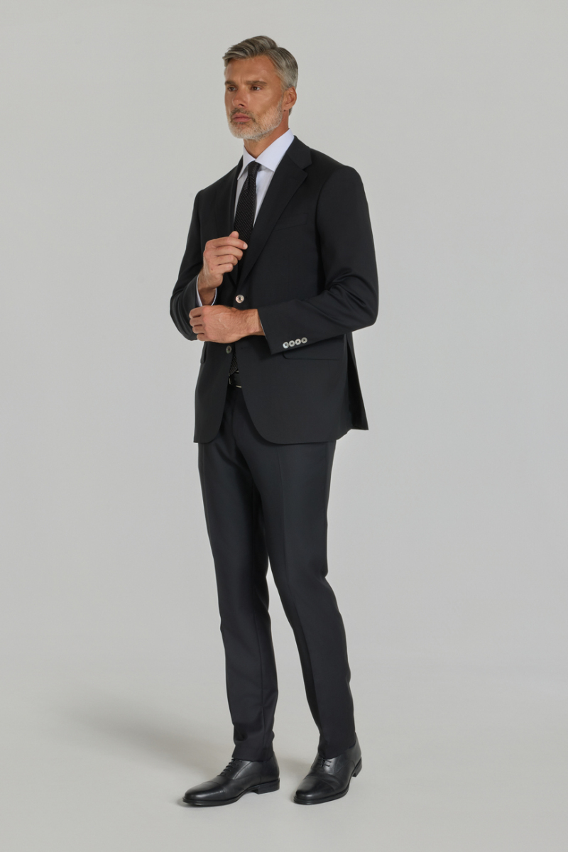 Siyah Dokuma Mono Yaka Çift Yırtmaçlı 6 Drop Yün Klasik Takım Elbise - 5