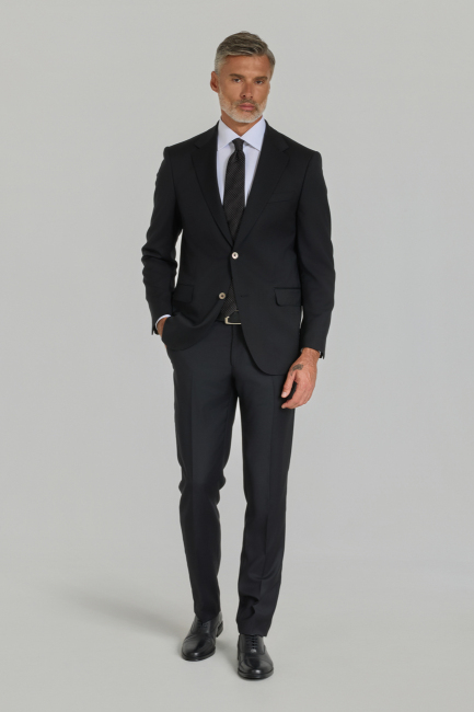 Siyah Dokuma Mono Yaka Çift Yırtmaçlı 6 Drop Yün Klasik Takım Elbise - 2