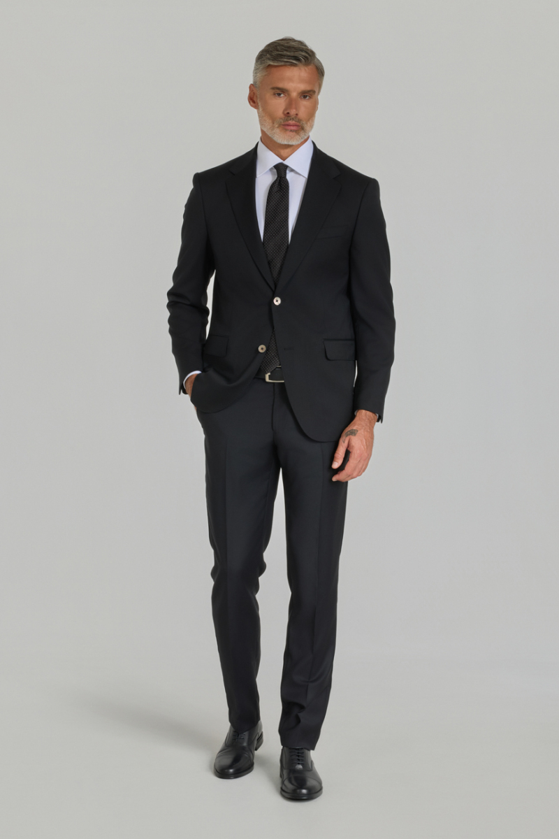 Siyah Dokuma Mono Yaka Çift Yırtmaçlı 6 Drop Yün Klasik Takım Elbise (1)