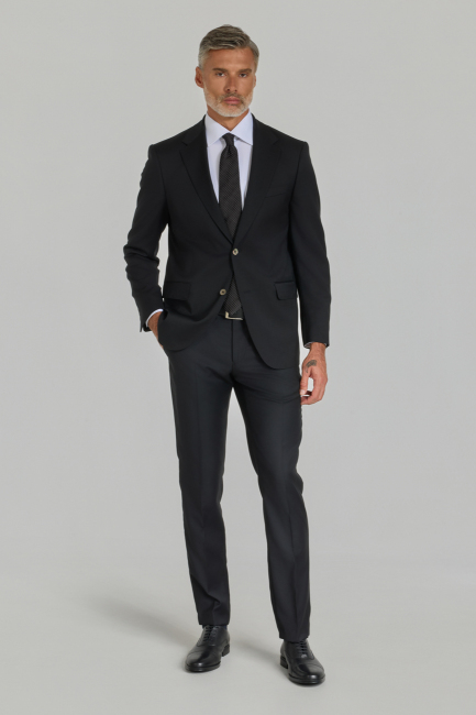 Siyah Dokuma Mono Yaka Çift Yırtmaçlı 6 Drop Yün Klasik Takım Elbise 