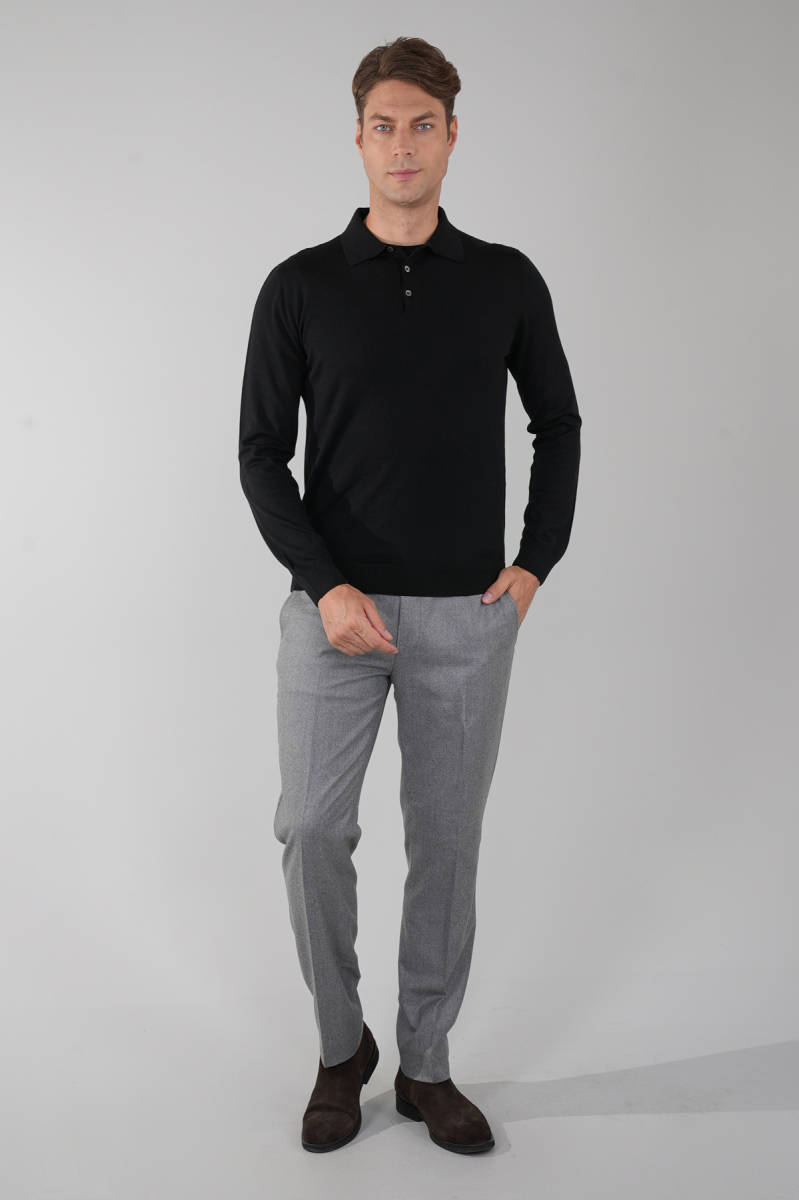 Siyah Düğmeli Polo Yaka Erkek Yün Triko - 5
