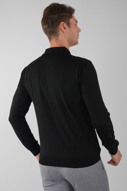 Siyah Düğmeli Polo Yaka Erkek Yün Triko - 2