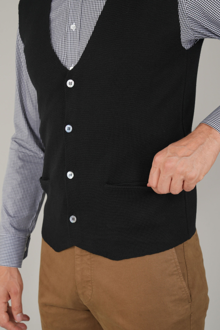 Siyah Düz Triko Yün Erkek Yelek - 3