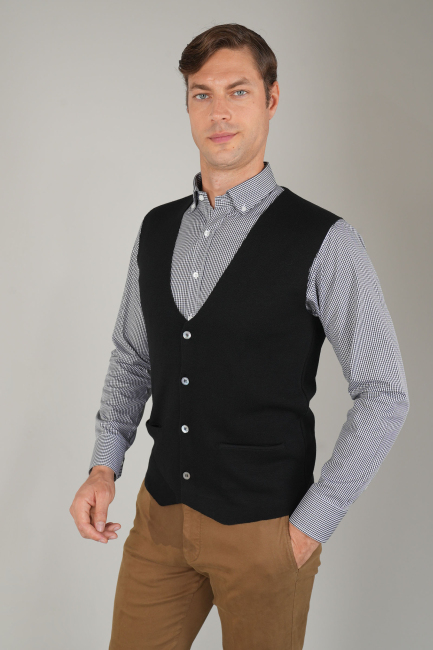 Siyah Düz Triko Yün Erkek Yelek 