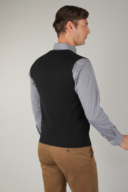 Siyah Düz Triko Yün Erkek Yelek - 2