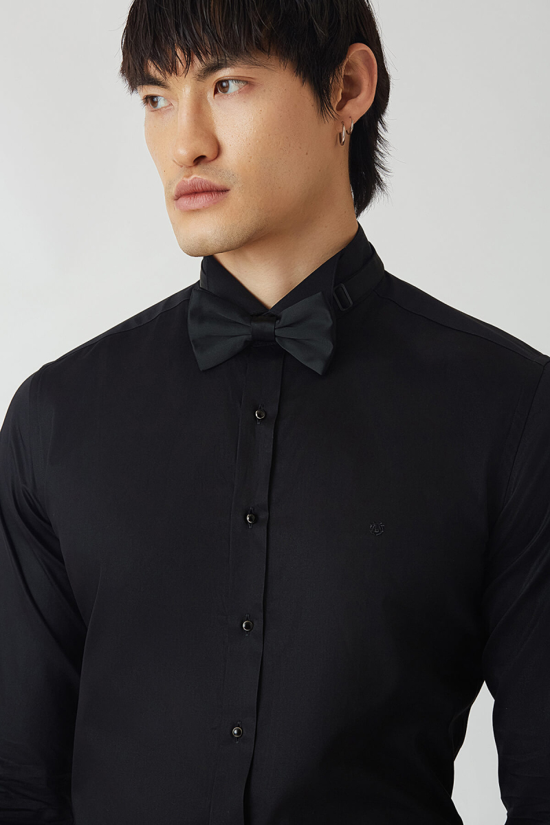 Siyah Pamuk Ata Yaka Slim Fit Erkek Gömlek - 3