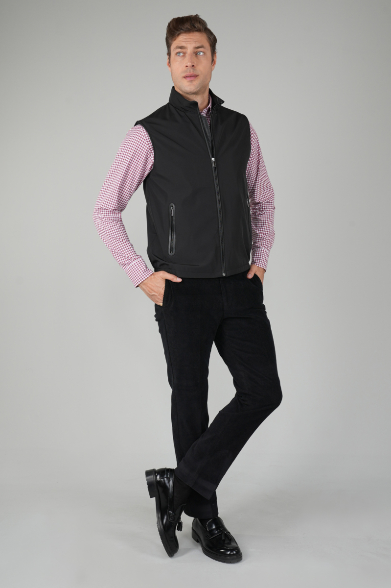 Siyah Polo Yaka Cepli Kışlık Erkek Yelek - 5