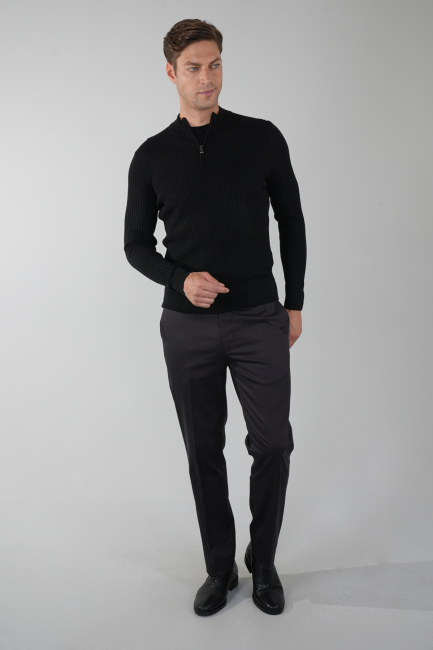 Siyah Yarım Balıkçı Fermuarlı Full Jakar Yün Erkek Triko - 5