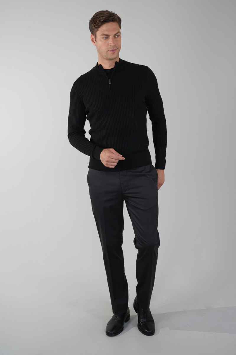 Siyah Yarım Balıkçı Fermuarlı Full Jakar Yün Erkek Triko - 5