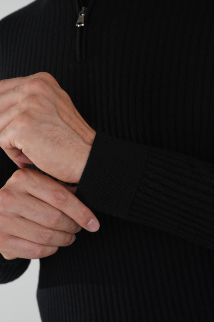 Siyah Yarım Balıkçı Fermuarlı Full Jakar Yün Erkek Triko - 3