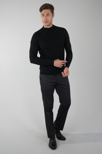 Siyah Yarım Balıkçı Ön Jakar Yün Erkek Triko - 5